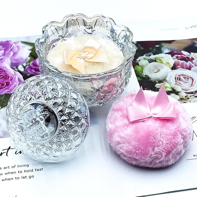Luxury 4 Inch Glass Powder Container with 2 Soft 3.5" Puffs｜Non-Sealed Refillable Organizer for Body Powder,Makeup & Jewelry｜Setting Powder Applicator w/Loose Powder Storage(Butterfly-Dazzling Color)