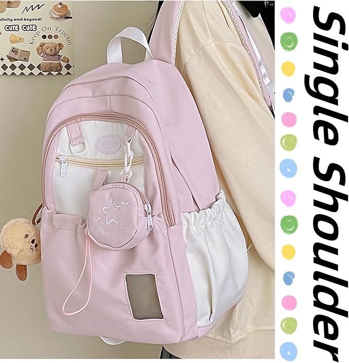 Kawaii Backpack Double Shoulder Bag with Cute Star Removable Pouch Small Clear Front Pocket Large Capacity Fits 16" Laptop Dopamine Colors Daypack (Pink)