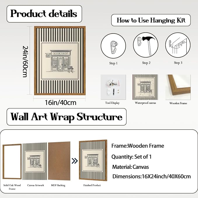 Vintage Striped Bookshop Wall Art, Retro Black and White Pictures Wall Decor College Minimalist Canvas Prints Paintings for Bathroom Bedroom Living Room 16x24 inch Framed