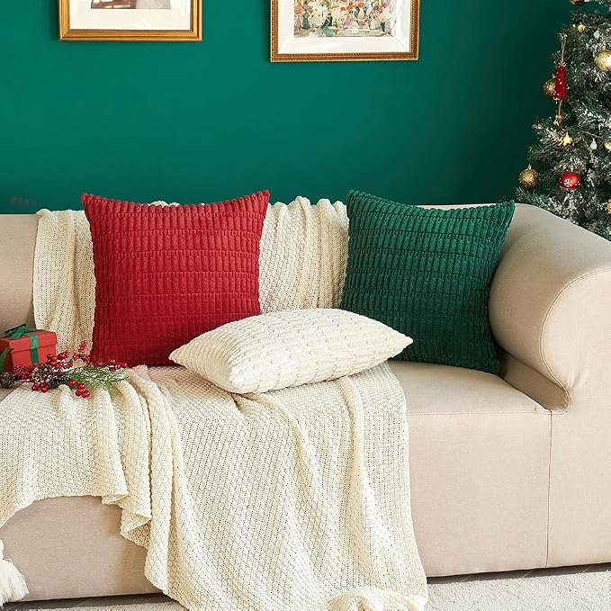 MIULEE Corduroy Decorative Throw Pillow Covers 18x18 Dark Green Pack of 2 | Soft Boho Striped Pillow Covers Modern Farmhouse Home Decor For Sofa Living Room Couch Bed
