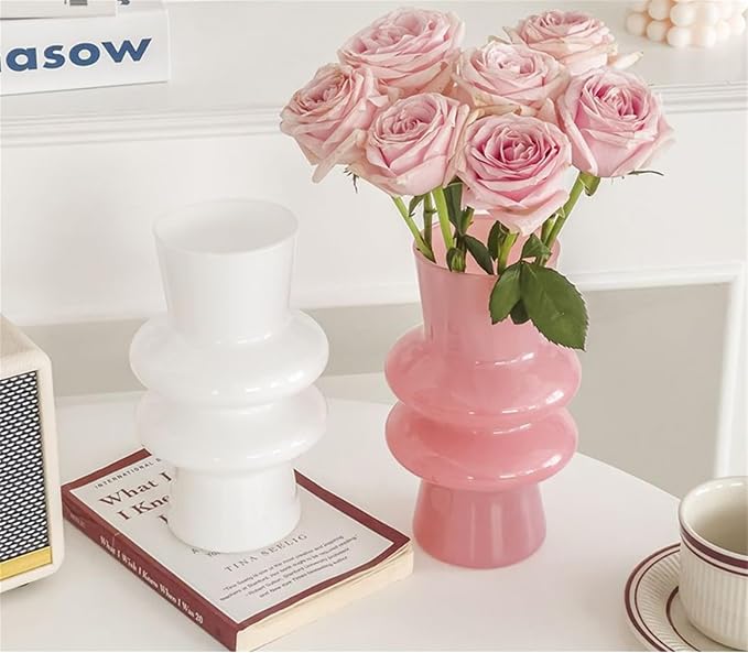 JSPYFITS Modern Glass Vases, 7.87" Tall Four-Layer Book Vase Bubble Flower Vases Decorative for Home Decor, Pink Glass Table Vase for Wedding Housewarming Gift
