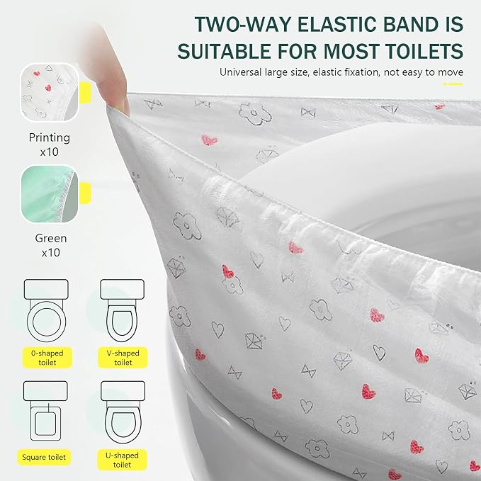 Elastic Large Size Disposable Toilet Seat Covers for Travel,20 Pack Waterproof Toilet Seat Covers for Bathroom,Fit for V/U/O/Square Shape Toilet,Individually Wrapped (2 colors-F set)