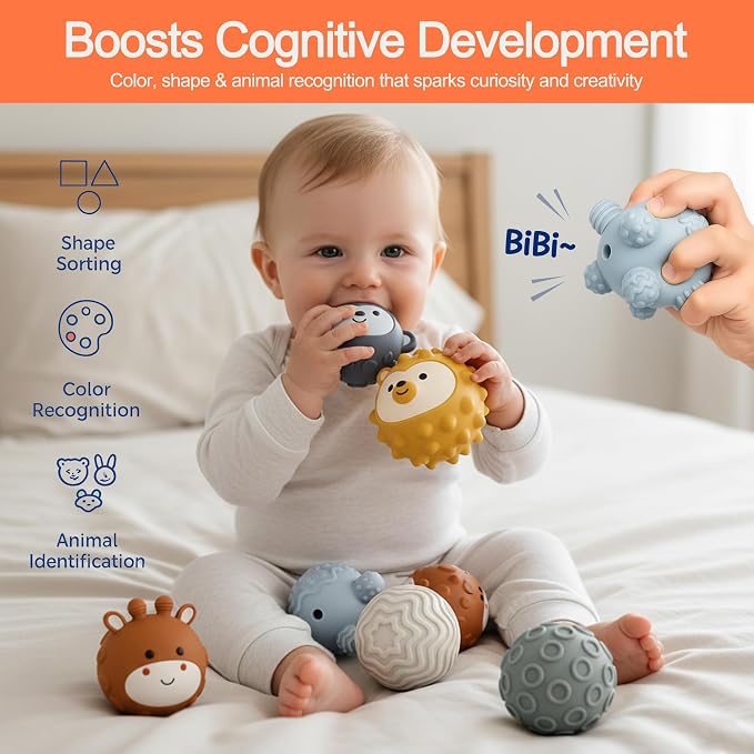 6-Pack Baby Sensory Balls, Textured & Animal Face Toddler Balls, BPA-Free Soft Teething Toys, Montessori Developmental Toys for Babies 6-12 Months, for Infant