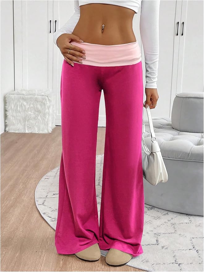 SOLY HUX Women's Sweatpants Color Block Low Rise Fold Over Waist Baggy Wide Leg Pants