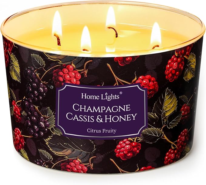 HomeLights Scented Candles for Women & Men, 18oz Candle Jars Aromatherapy 4-Wick Candle, Ideal for Eclectic Mixed Styles Home Decor and Gifts, Champagne Cassis & Honey