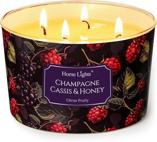 HomeLights Scented Candles for Women & Men, 18oz Candle Jars Aromatherapy 4-Wick Candle, Ideal for Eclectic Mixed Styles Home Decor and Gifts, Champagne Cassis & Honey