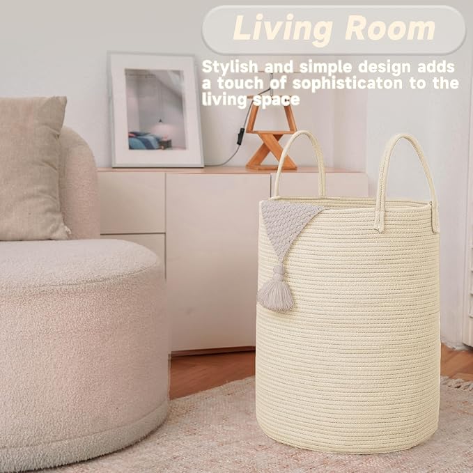 JMvicyroam 80L Cotton Rope Laundry Basket Hamper, Beige | Collapsible laundry basket, reinforced handles, freestanding, machine washable, holds 3-5 thick blankets, clothes or toys
