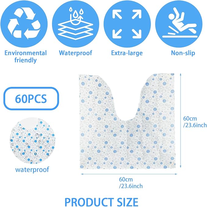 60 Pack Disposable Toilet Commode Mat,Non-Slip Waterproof U-Shape Commode Pads for Adult Incontinence & Kids Potty Training,Bathroom Floor Protector (Blue Dot)