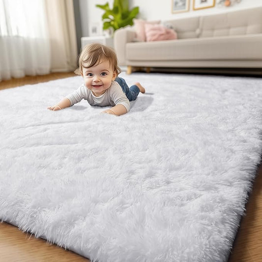 Amdrebio White Area Rugs for Bedroom, Shag Fluffy Bedside Rug for Living Room, Modern Furry Shaggy Throw Rug for Kids Room, Teens, Dorm, Baby Nursery, Cute Fuzzy White Carpet, 3x5 Rug, Home Decor