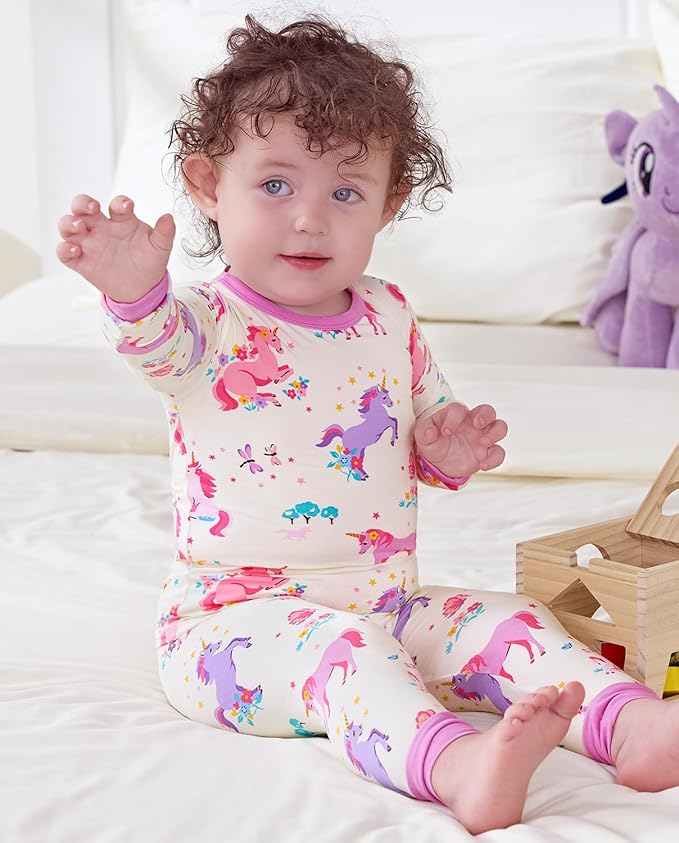 Bamboo Viscose Toddler Girls Kids Pajamas Unicorn Mermaid Pjs Long Sleeve Snug fit 12M-8Y 2pcs Soft Jammies