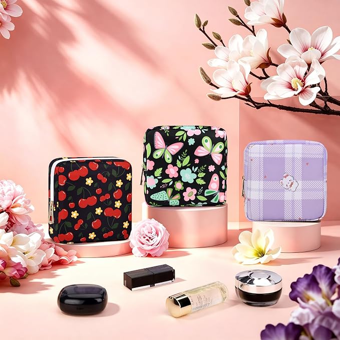 Period Bag Discreet Sanitary Napkin Storage Bags Pad Pouch | Cherry Print Deisgn, Portable, Menstrual Cup & Pad Holder, First Period Kit Storage, Feminine Bag for Women