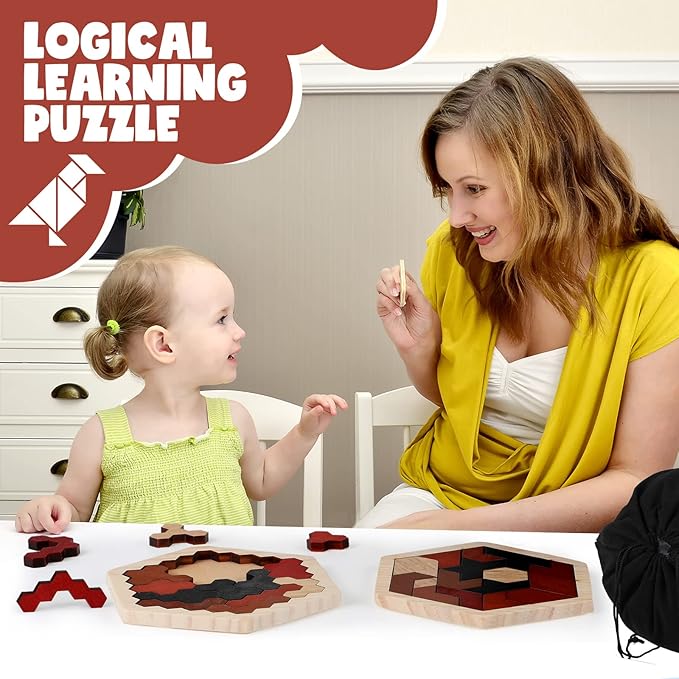 Yunsailing 3 Pack Hexagon Tangram Puzzle Wooden Brain Puzzles for Kid Adult Challenge Wood Russian Blocks Brain Teasers Toy Geometric Jigsaw Block Logic Iq Stem Toy for Family Party Gift(Vintage)