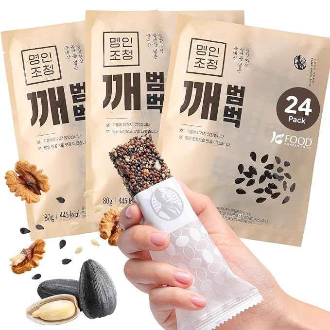 Korean Food Vegan Sesame Snack Bar Black Sesame & Perilla Seeds 0.35oz 24Ct | Vegan snack bars with black sesame, perilla seeds, bellflower, ginger, and rice syrup in 24-count packs