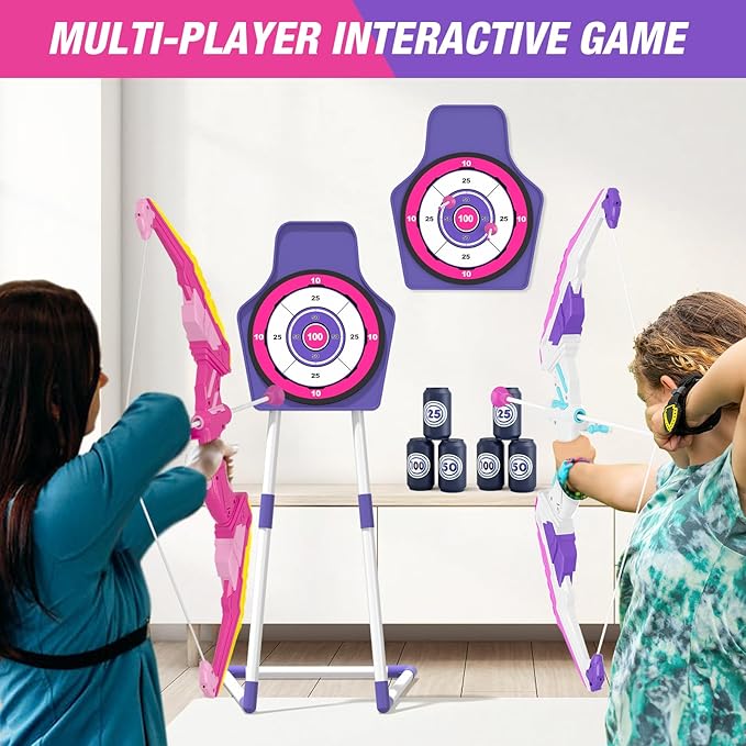 2 Pack Bow and Arrow for Kids 4-6, LED Light Up Archery Set with 24 Suction Cup Arrows, 1 Standing Target, 6 Score Targets & 2 Quiver, Indoor Outdoor Sport for Girls Ages 8-12