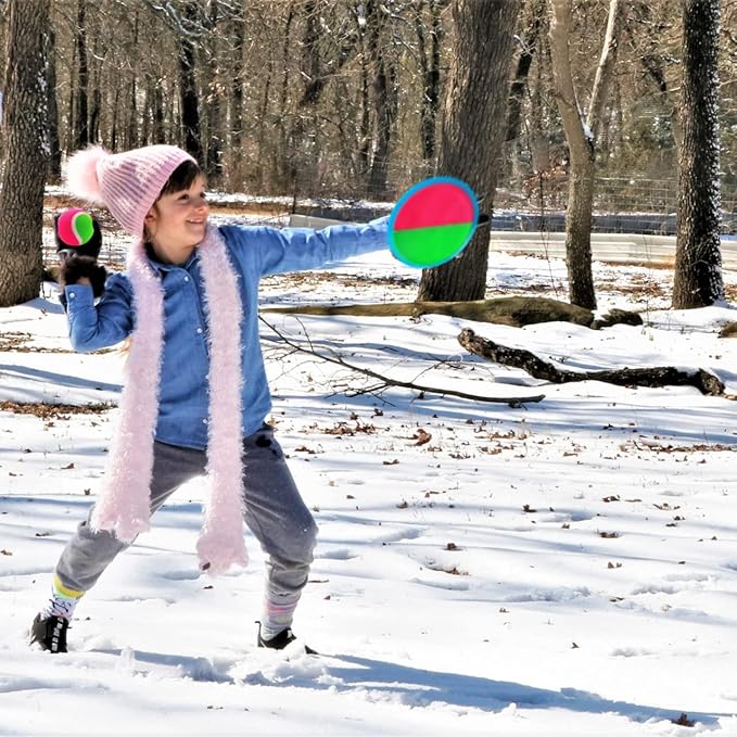 Toss and Catch Ball Set, Outdoor Games, Beach Games for Kids, Toss Ball and Catch Game Set for Kids/Family (6 Paddles, 3 Balls and 1 Storage Bag) (Pink-Green)