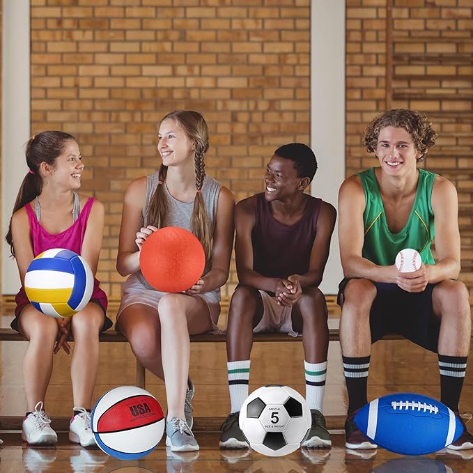 Libima 6 Pcs Multi Sport Ball Set Gift Official Size Football, Basketball, Soccer, Volleyball, Playground Ball, Baseball with Outdoor Sports Equipment Bag Pump for Christmas Holiday
