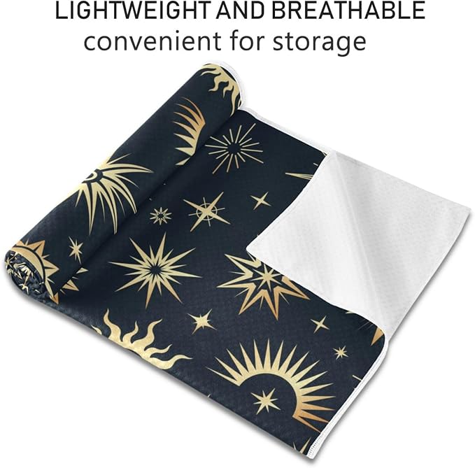 Non Slip Yoga Towel 73 x 27 in Gold Sun Moon Stars Sweat Absorbent Yoga Mat Towel for Hot Yoga, Pilates and Workout