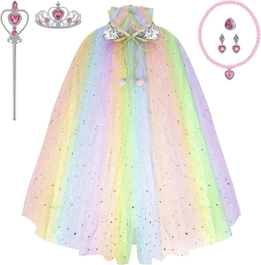 Princess Dress Up Clothes, 7pcs Princess Cape Crown with Wand for Girls 3-8 Years Toddler Princess Dress Up for Birthday Gift
