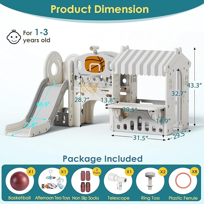 BIERUM 10 in 1 Toddler Slide with Basketball Hoop, Outdoor Slide for Toddlers Age 1-3 with Kid Playhouse, Indoor Toddler Playset Toddler Playground with Kitchen Toys Set Beige Gray