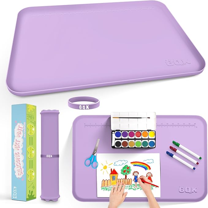 Silicone Art Mat for Crafts, 24" x 16" Painting Mat for Kids with Raised Sides to Stay Tidy, Paint Craft Mats for Clay, Resin, Slime, Jewelry-Making & Crafts Creation (Purple)