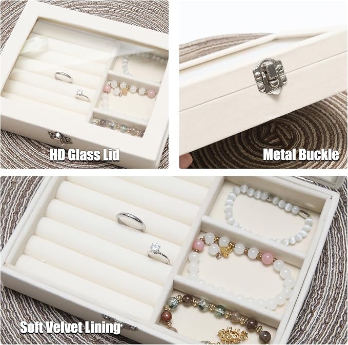 Small Velvet Jewelry Tray with Clear Lid, 2-in-1 Beige | Lockable Ring Earring Holder Organizer Storage Box Case Jewelry Box Organizer for Rings Earrings Bracelets Brooches