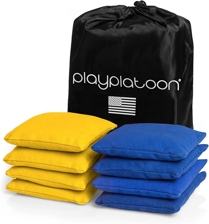 Play Platoon Cornhole Bags Weather Resistant- Set of 8 Regulation Bean Bags for Tossing- Official Professional Size & Weight Corn Hole Bags Two Color All Weather Cornhole Beans Bag Set with Tote Bag