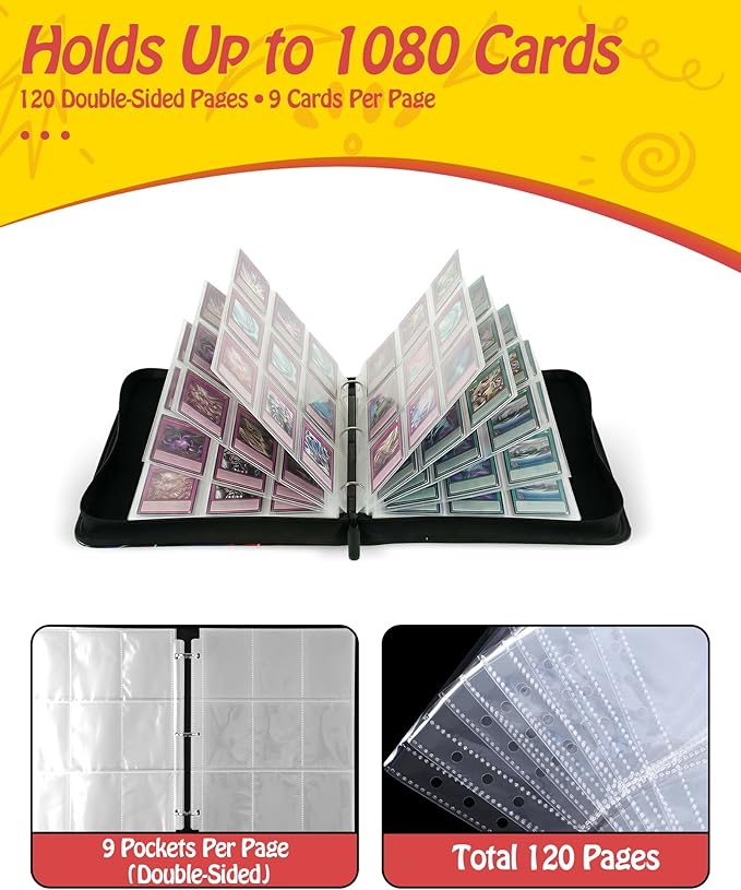 Trading Card Binder, 9-Pocket, Holds 1080 Cards, 120 Pages Side-Loading Card Album, PU Leather, Acid-Free Archival Sleeves, Durable Organizer for MTG, TCG & Sports Cards, Gift for Kids, Boys and Girls