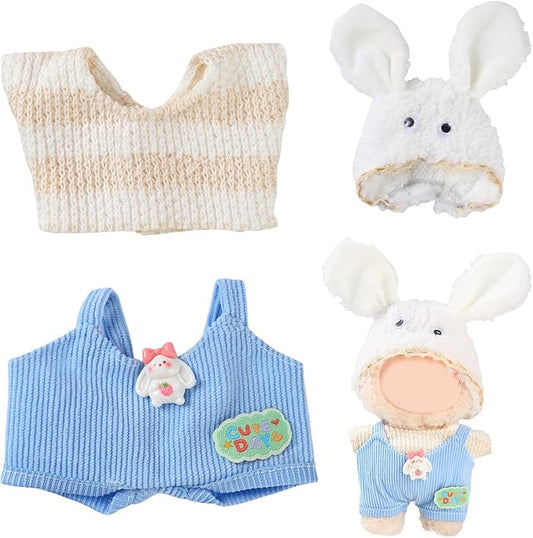 17cm Doll Clothes Set (No Doll) – Outfit with Hat & Overalls, Handmade Accessories for Mini Dolls, OB11-Compatible Dress-Up Gift (White Rabbit)