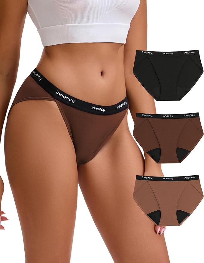 INNERSY Period Underwear Bikini Cotton Leak-Proof Moderate Flow 3-Pack | High-Cut Panties, 20ml Absorbency for Menstrual and Postpartum Protection