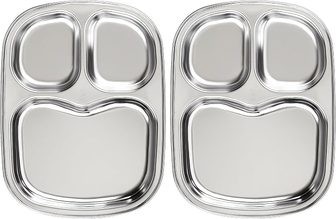 Korean Stainless Steel Divided Plates for Toddlers, Kids, Babies, Premium 304, Electro-Polished, No Black Residue, BPA-Free, 3-Compartment Plate, Food Tray for Camping, Balanced Meals, Set of 2