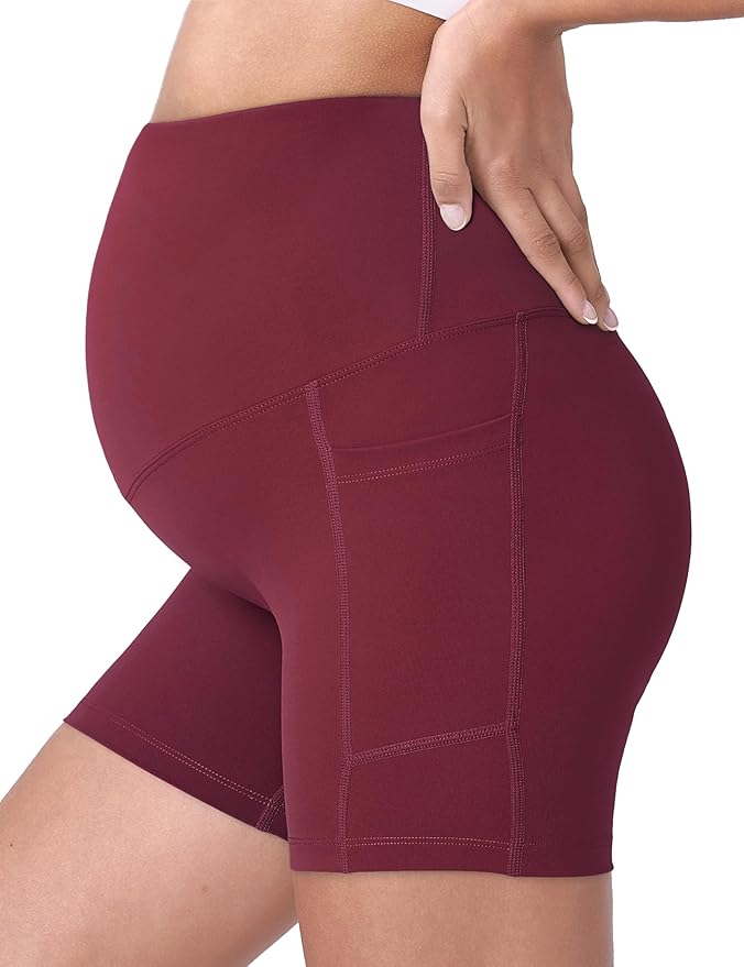POSHDIVAH Women's Maternity Yoga Shorts Over The Belly Bump Summer Workout Running Active Short Pants with Pockets 5"/8"