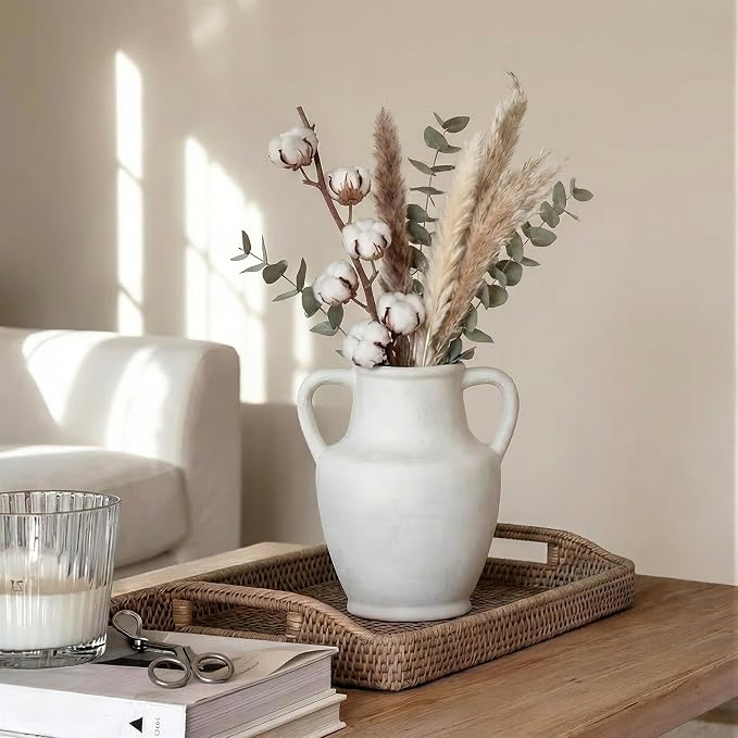 Ceramic Flower Vase with Handles, 8.66 inch Tall Ceramic Vase Farmhouse Rustic Vases Decorative Pottery Vases for Home Decor Living Room Bookshelf Table Centerpiece Desk Bathroom Fireplace, White
