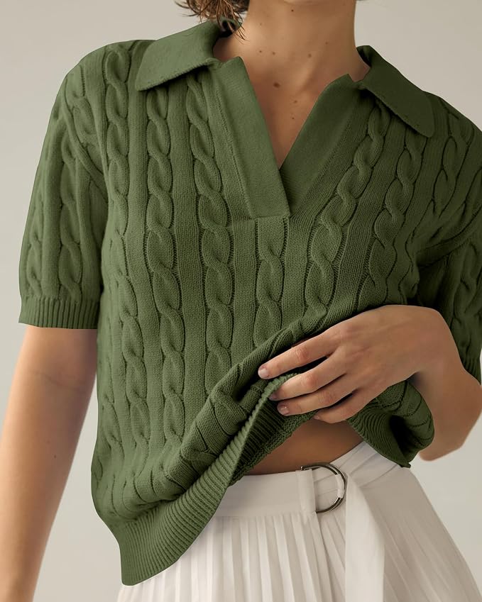 Imily Bela Womens Cable Short Sleeve Sweaters Tops Lapel V Neck Knit Shirt | Solid,Knit Casual,Soft Pullover,Fall Sweaters,Womens Summer Work Tops