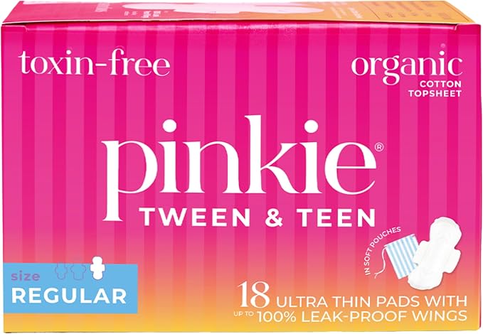 Pinkie Period Starter Pads - Designed for Smaller Underwear - Organic Cotton Topsheet Tween & Teen Pads with Wings - Chlorine Free & Fragrance Free - Teen Regular, 18 Count
