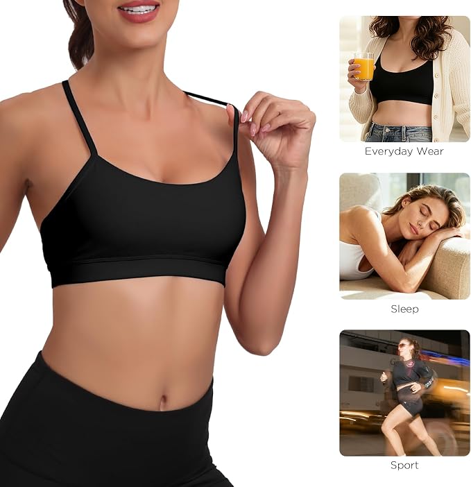 Raxnode Women's 3-Pack Y-Back Sports Bra, Thin Spaghetti Strap Nylon Yoga Bra with Removable Cups, Light Support Bralettes