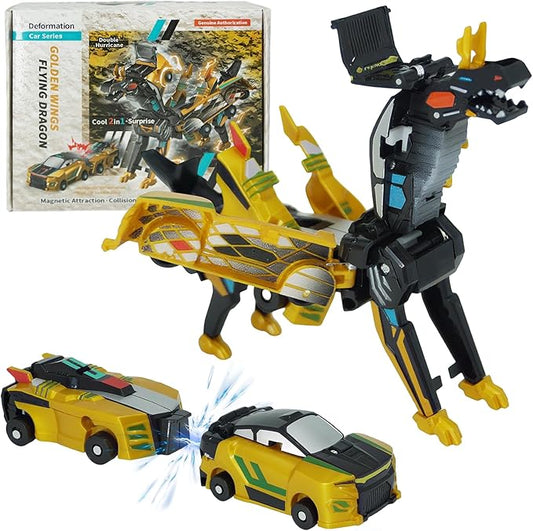 Dinosaur Collision Transforming Car Toy,Magnetic Cars Transform Into Dinosaurs,Transformation Car Toys For Boys & Girls With Transform Feature,Party Gift For Birthday,Christmas (Golden Dragon)