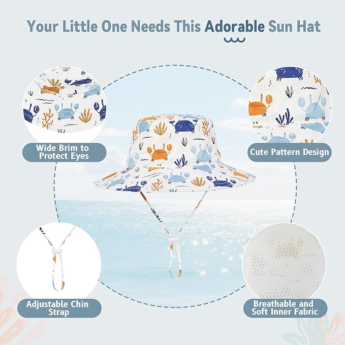 Baby Sun Hat UPF 50+ Sun Protective Toddler Bucket Hat Summer Kids Beach Hats Wide Brim Outdoor Play Hat for Boys Girls
