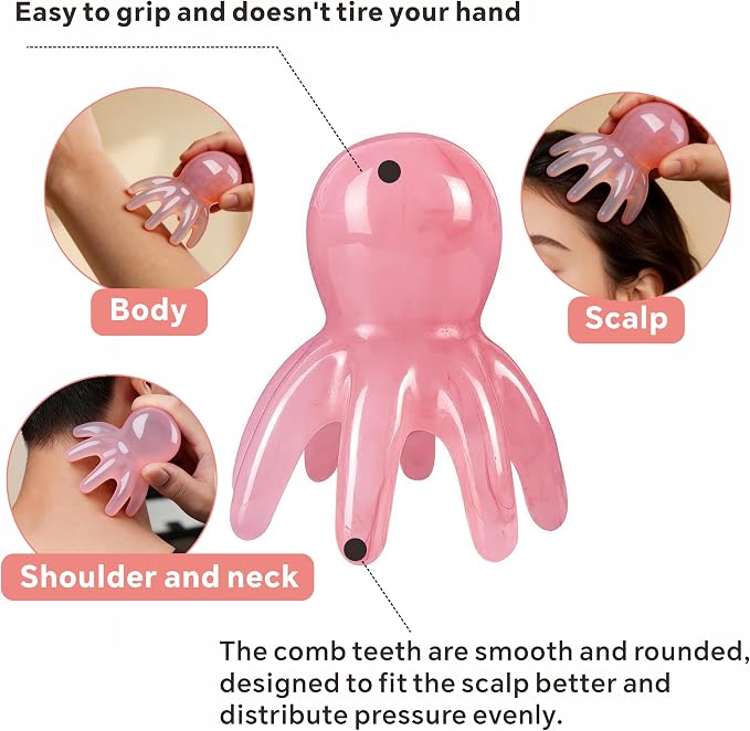 4 Pcs All-in-One Head Massager Set: Scalp Comb, Gua Sha, Octopus & Five Claw Tool for Stress Relief, Relaxation, Acupressure - Gift for Christmas, Birthday, Mother's Day, Father's Day (Pink)
