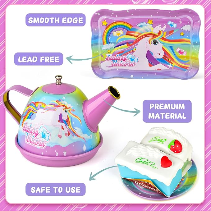 Unicorn Tea Party Set for Little Girls, Age 3 4 5 6 Year Old, Toddler Kids Kitchen Pretend Play Toys with Tin Tea Set, Cake Stand, for Girls Boys