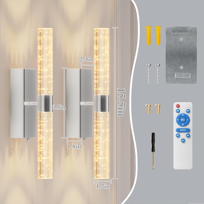 camuucci Battery Operated Wall Sconces Set of 2, Rechargeable Wall Lights | 12000mAh Long-Lasting Battery,Dimmable Cordless Sconce,No Wiring Needed for Bedroom,Living Room,Silver,15.3-Inch