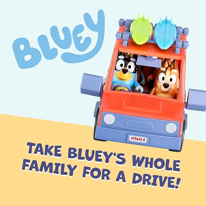 Bluey Heeler 4WD Family Toddler Toy Car with 4 Figures, Surfboards and Sticker Sheet, Pretend Play, Toys for Kids Ages 3+, Amazon Exclusive