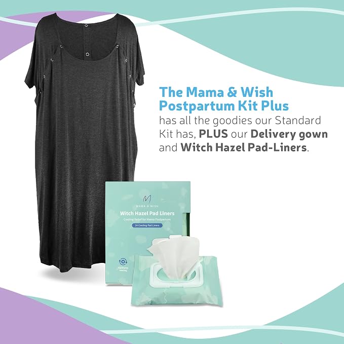 Mama & Wish Postpartum Essentials Kit (14-Piece) - Includes Hospital Post Partum Essentials for Women After Birth, Labor and Delivery Gown, Peri Bottle, Witch Hazel Foam, Pad Liners & More