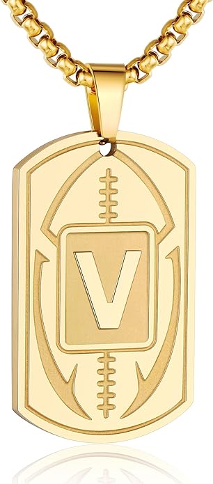 Initial A-Z Dog Tag Necklace for Men - Football Charm Pendant, Stainless Steel Chain 22+2 Inches, Personalized Sports Athletes Jewelry Gift