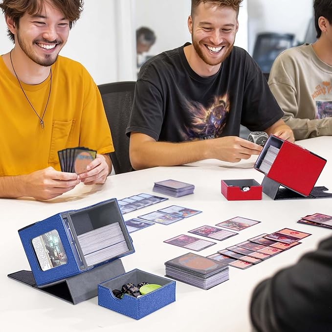 Kabinka Commander Deck Box for MTG with Dice Tray, Yugioh Deck Box with Metal Emblem, Holds 100 Double-Sleeved Cards for TCG, Cards Storage Case with 35PT Magnetic Card Holder (Black& Blue, Puzzle)