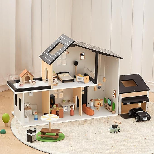 OOOK Wooden Dollhouse, Modern Doll House with Garage and 60Pcs Luxurious Furniture Accessories, Including Dolls and Pet Sets, Wood Dollhouse Toy for Boys and Girls 3+