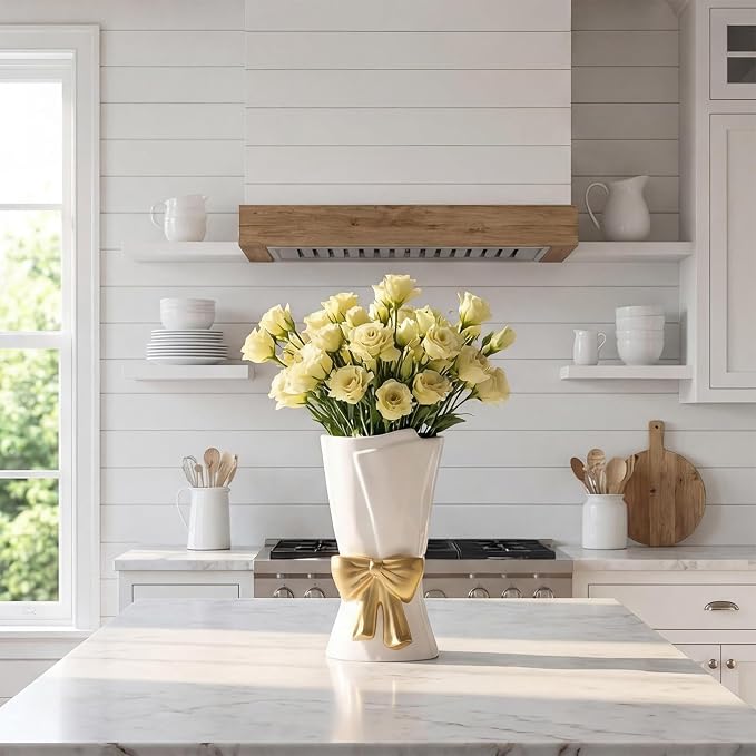 Relexome Fully Glazed White Ceramic Gold Bow Vase 9.64 in Unique Cute Modern Decorative Bouquet Flower Vases for Home Living Room Table Mother's Day Decor Women Gifts
