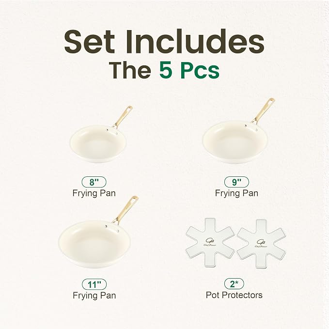 Chef Power Ceramic Frying Pan with Stainless Steel handle 5Pcs Set, Non Stick Grill Pan Set, Dishwasher and Oven Safe, Cream White and Light Gold Handle