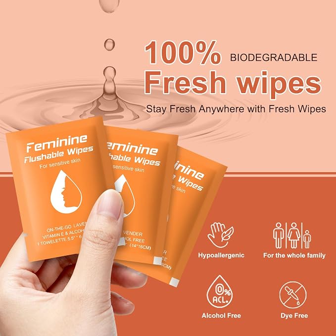 twoworld 50 Feminine Wipes Flushable Travel Individually Wrapped | Travel Wipes for Women,Feminine Care Wet Wipes Travel Size Vaginal Wipes for Adult,Girl and Homeless(Lavender)