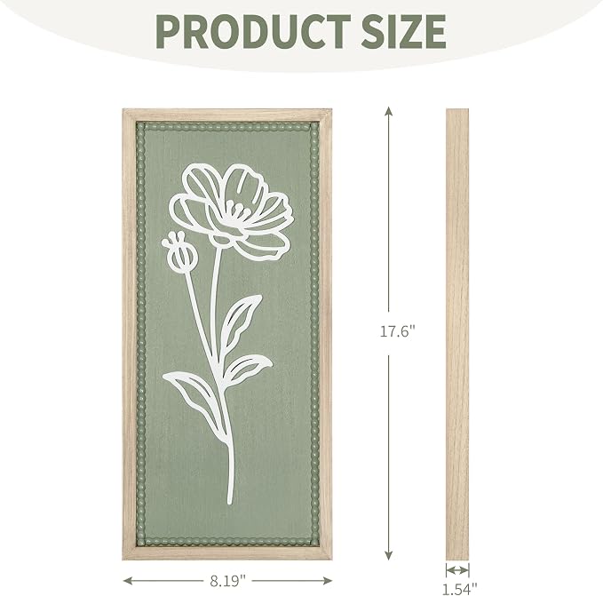 Sage Green Bathroom Wall Decor Set of 2, Framed 3D Wooden Floral Wall Art | Raised white floral cutouts in rectangular frames, ready to hang; rustic boho farmhouse decor for bedroom and hallway walls