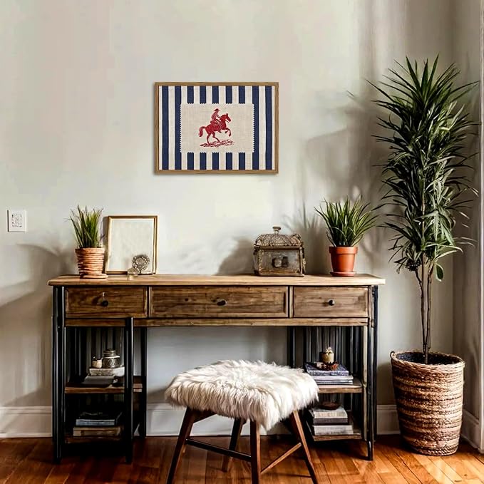 Vintage Western Wall Art Mid Century Striped Cowboy Wall Decor Painting Blue and White Southwest Poster Canvas Print for Bedroom Lving Room 12x16 inch Wood Framed